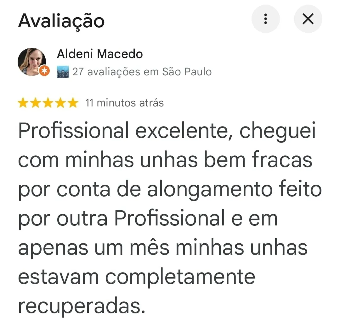 Avaliação de cinco estrelas da Aldeni Macedo no Google