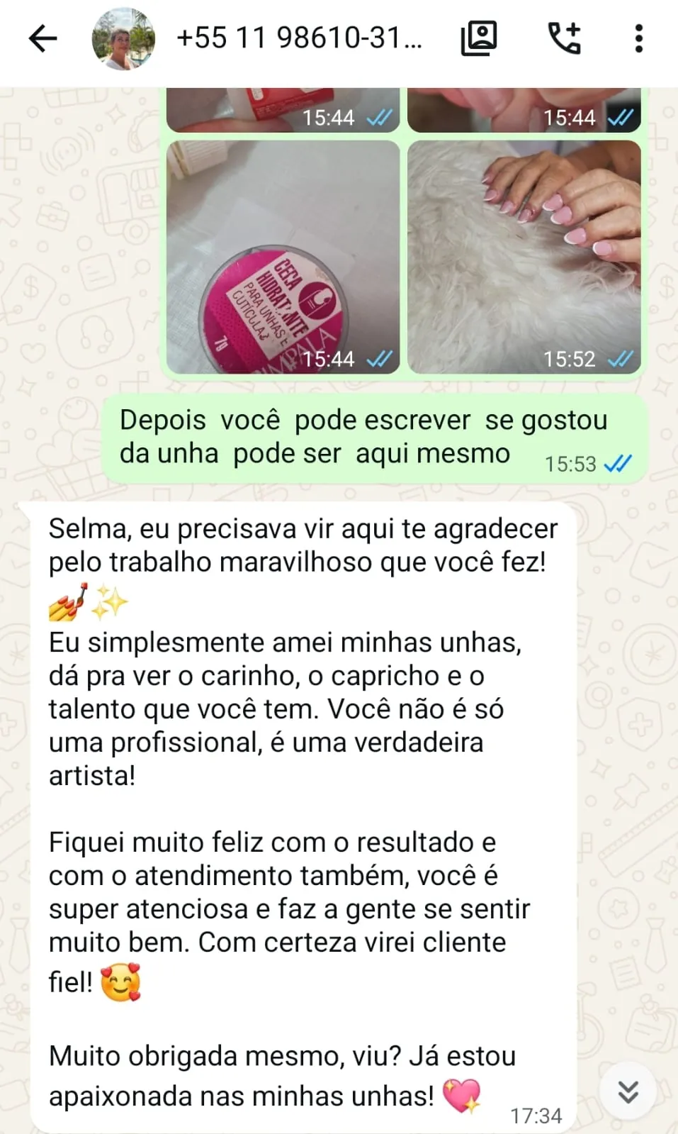 Mensagem de agradecimento de cliente no WhatsApp