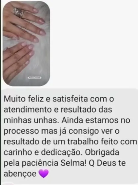 Mensagem de cliente agradecendo o processo de recuperação das unhas
